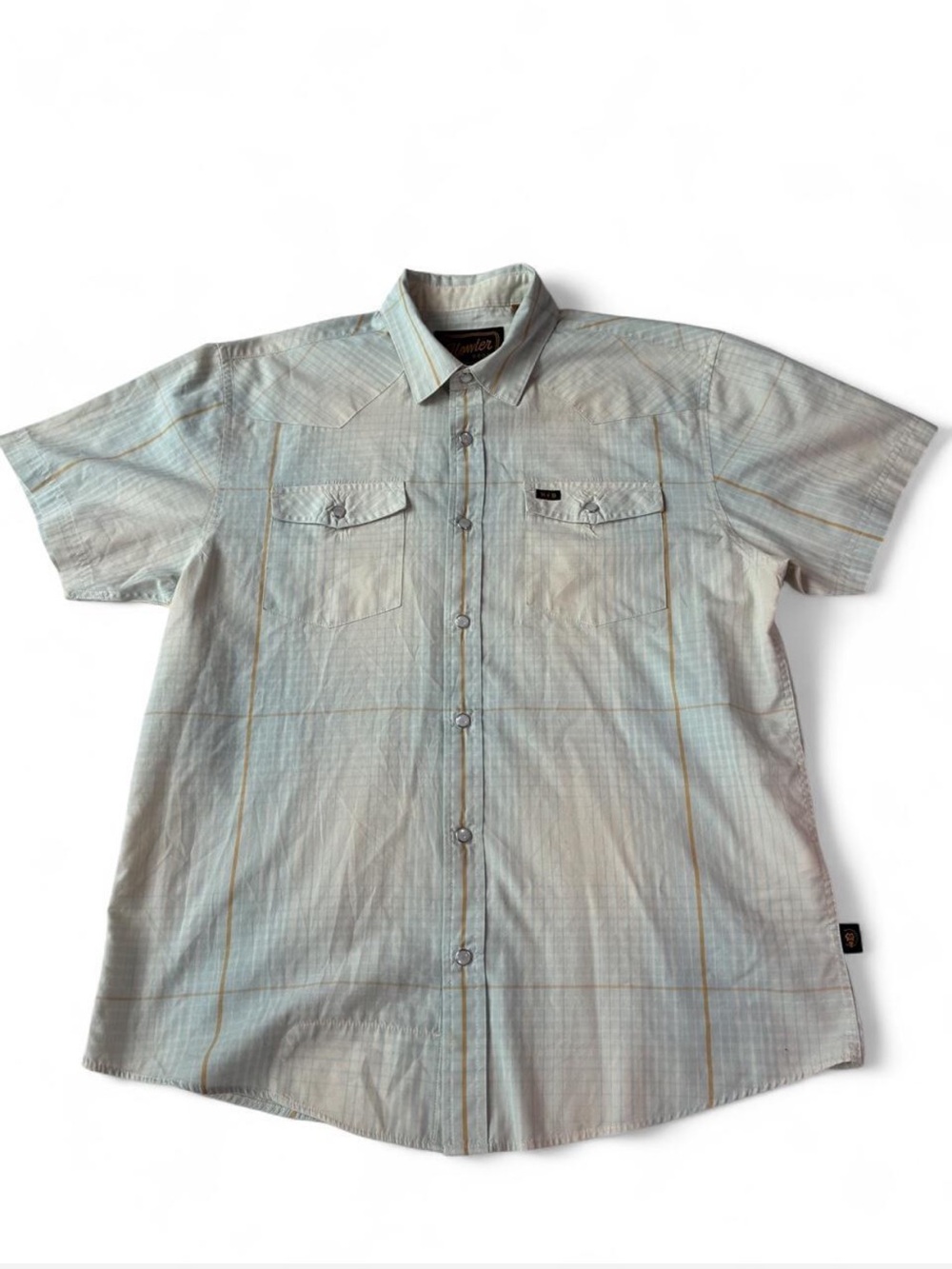 Howler Bros Short-Sleeve Plaid Pearl Snap Shirt - Light Blue Retro Western M